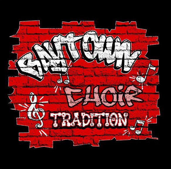 Black background, red bricks, treble clef, notes, "Baytown Choir Tradition"